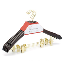 Gold Hook Mahogany Finishing Men's Contoured Style Maple Wood Suit Hangers with Chrome Clips